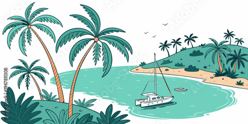 A serene tropical island with a sailboat anchored near the shore Vector