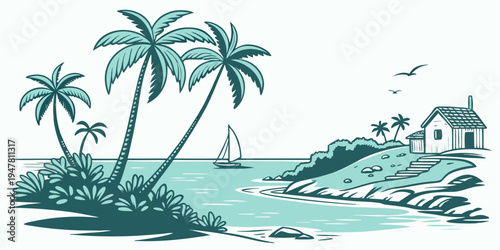 A tropical island with palm trees and a house Vector