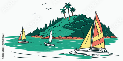 Sailboats on the water near a tropical island Vector