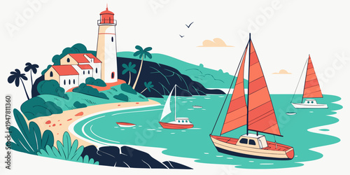 A sailboat on the water near a lighthouse Vector
