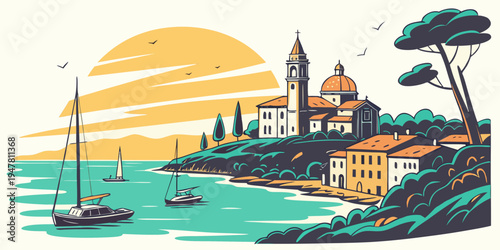 A picturesque coastal town at sunset with boats Vector