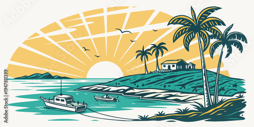 A tropical island with palm trees at sunset Vector