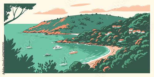 A scenic view of a bay with boats and trees Vector