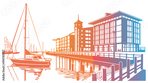 A colorful waterfront cityscape with a sailboat Vector