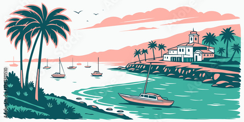 A serene tropical coastal scene with a boat on the water Vector