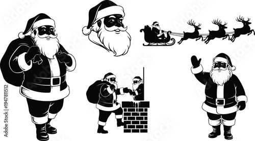  Festive black and white Santa Claus illustration set featuring sleigh, reindeer, chimney, waving, sack of gifts, and joyful Christmas holiday artwork