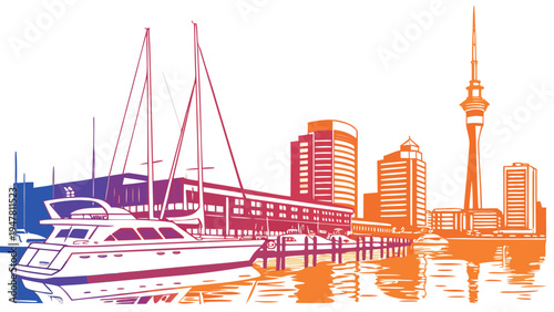 A colorful city skyline with a large boat in the water Vector