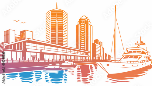 A city skyline with a boat in the water Vector