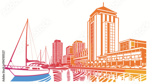 A city skyline with a sailboat in the water Vector