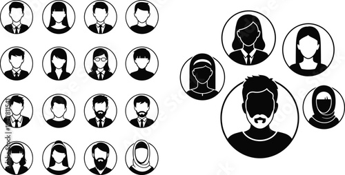  Stylized black and white diverse avatar icons collection featuring multicultural individuals, social network connections, team profiles, 