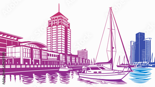 A city skyline with a sailboat and buildings Vector