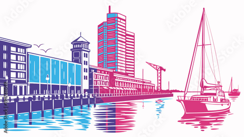 A colorful illustration of a city skyline by the waterfront Vector