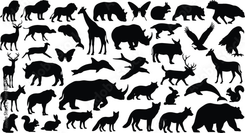  Black silhouette collection of diverse animals including lions, bears, giraffes, deer, dolphins, birds, and rabbits, symbolizing wildlife, zoology, and nature illustration artwork