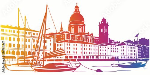 Colorful illustration of a city waterfront Vector