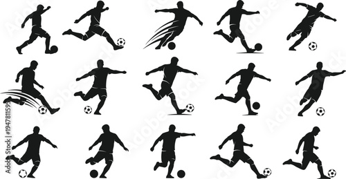  Black silhouette collection of sixteen soccer players in dynamic poses with ball, symbolizing sports action, football techniques, athletic movement, and competitive game artwork