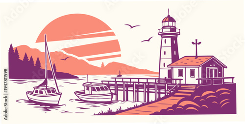 A purple and orange lighthouse by the sea Vector