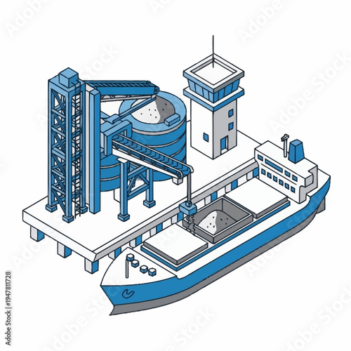 Illustration of a port with a cargo ship being loaded with materials.