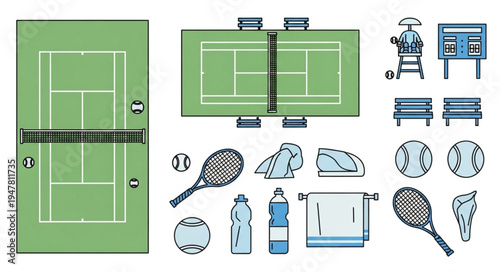 Tennis Court and Equipment Illustration Set for Sports Enthusiasts.