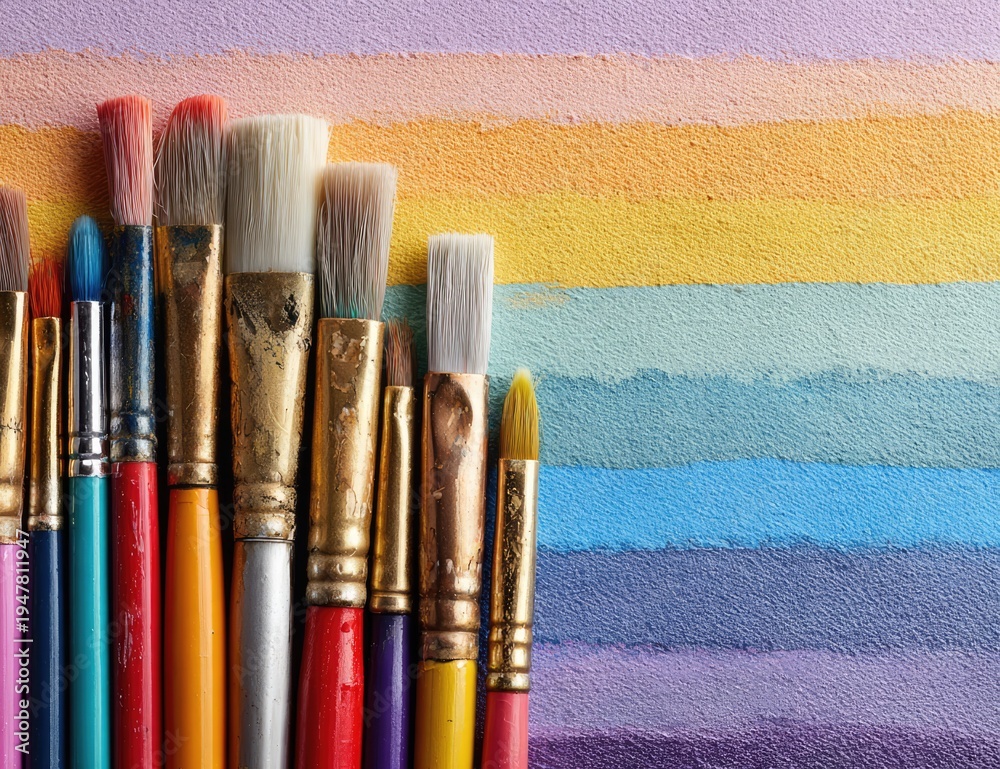 Fototapeta premium Colorful Paint Brushes and Watercolor Stripes on Paper.