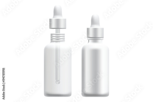 Cosmetic serum dropper bottle mockup, skincare product packaging design, clean white mat clear glass, nude gray glowing cap. Beauty spa isolated, transparent background.