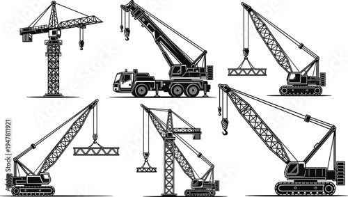 Construction crane silhouette set with tower cranes, mobile crawler cranes and heavy lifting machinery for industrial building development and urban engineering projects