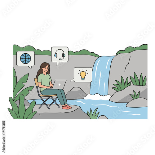 Woman sitting by a serene waterfall working on her laptop outdoors