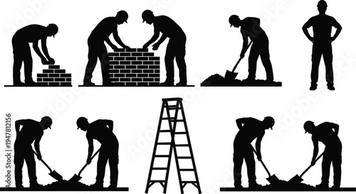 Construction workers silhouette set with bricklayers building walls, laborers digging with shovels and using ladders for industrial site development and masonry projects
