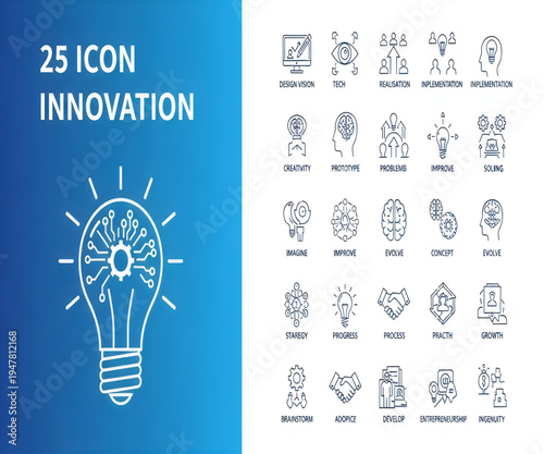 Innovation icons set for creative thinking and technology development
