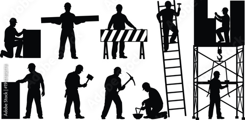Construction workers silhouette set with builders using tools, ladders and scaffolding for industrial site development, engineering projects and urban masonry building work