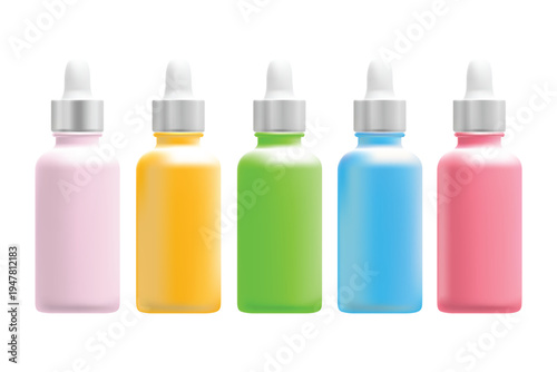Cosmetic serum dropper bottles mockup set, product packaging design, clean white mat clear pink, yellow, blue glass, nude gray glowing cap. Beauty icon isolated, transparent background.