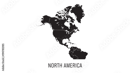 North America map silhouette with political borders clearly defined on a white background featuring continents, geography, countries with United