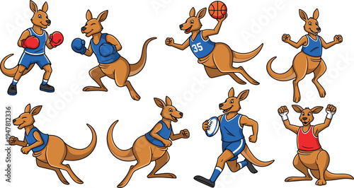 Kangaroo sports character set featuring athletic mascot poses including boxing basketball rugby running and celebrating in a textured hand drawn style for team branding.