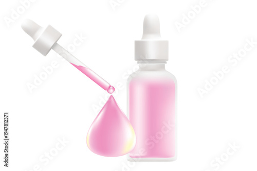 Cosmetic serum dropper bottle mockup, product packaging floating design, clean white mat clear glass, nude gray glowing cap. Beauty spa liquid pink droplet isolated, transparent background.