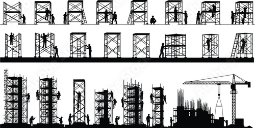 Construction site silhouette with workers on scaffolding building structures using crane and machinery for industrial architecture and urban development engineering projects