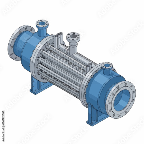 Industrial heat exchanger with multiple tubes and flanges, designed for efficient thermal transfer in various applications.
