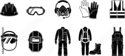 Personal protective equipment icon set featuring safety helmet, respirator, goggles, gloves, vest, welding mask, coveralls, boots and harness for industrial work safety