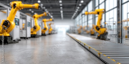 Automated Robotic Arms in a Modern Factory Assembly Line.