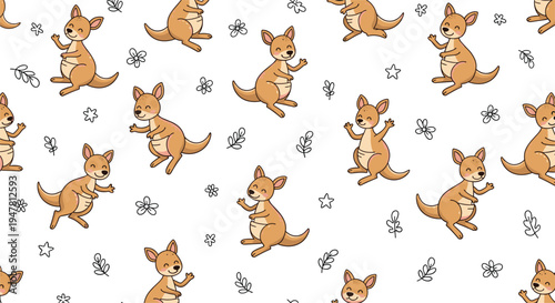 Seamless pattern of playful cartoon kangaroos with decorative leaves, stars and flowers for children’s products and fabric vector design projects
