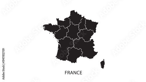 France map black silhouette with white regional borders and the word France below it, isolated on a white background
