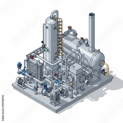 Isometric illustration of a complex industrial processing unit with multiple tanks, pipes, pumps, and a heat exchanger.
