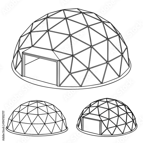 Vector illustration icons of geodesic dome structures in various stages of complexity on a white background