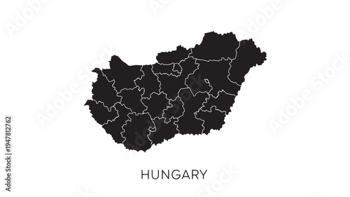 Map of Hungary divided into its administrative counties with a black silhouette on a white background.