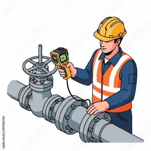 Worker inspecting pipe with thermal imaging camera.