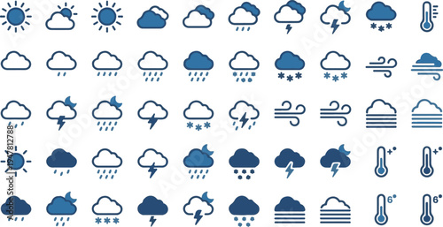 Comprehensive Weather Icon Collection Showing Sunny, Cloudy, Rainy, Snowy, and Stormy Days