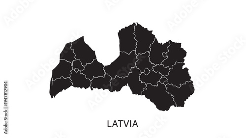 Map of Latvia divided into regions with country name prominently displayed in black and white illustration