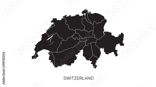Switzerland map with internal cantons outlined in white against a black background and the text 'Switzerland' below.