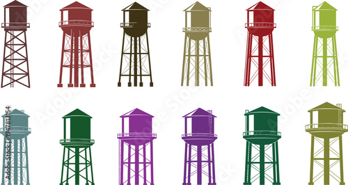 Water tower silhouette set in various colors and designs for rural supply, industrial storage, urban infrastructure development and community water management systems