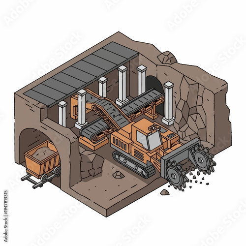 Isometric illustration of a continuous miner in an underground coal mine, with conveyor belt and mine cart.