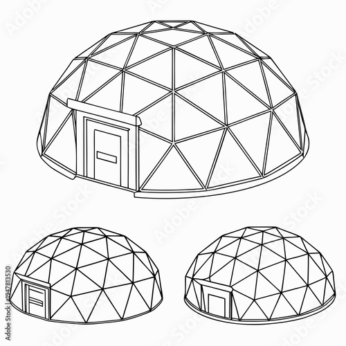 Vector illustration icons of geodesic dome structures in various stages of complexity on a white background
