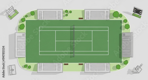 Overhead view of a tennis court surrounded by spectator seating.